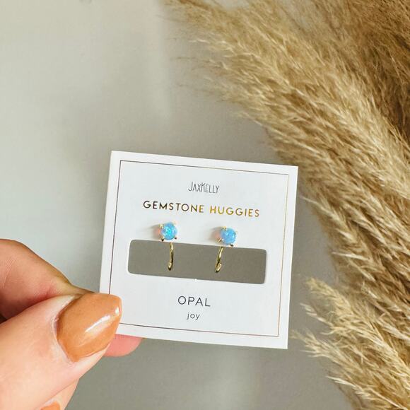 NEW ANTHROPOLOGIE JaxKelly Blue Fire Opal 18kt Tiny Stone Gemstone Hoop Earring - Picture 6 of 8